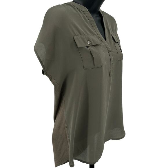 INC International Concepts Utility Blouse WMNS XS Olive Green Cap Sleeve Ruched - Picture 3 of 7